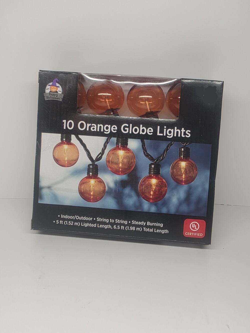 Happy Halloween 10 Orange Globe Style Lights 6.5ft Indoor/outdoors